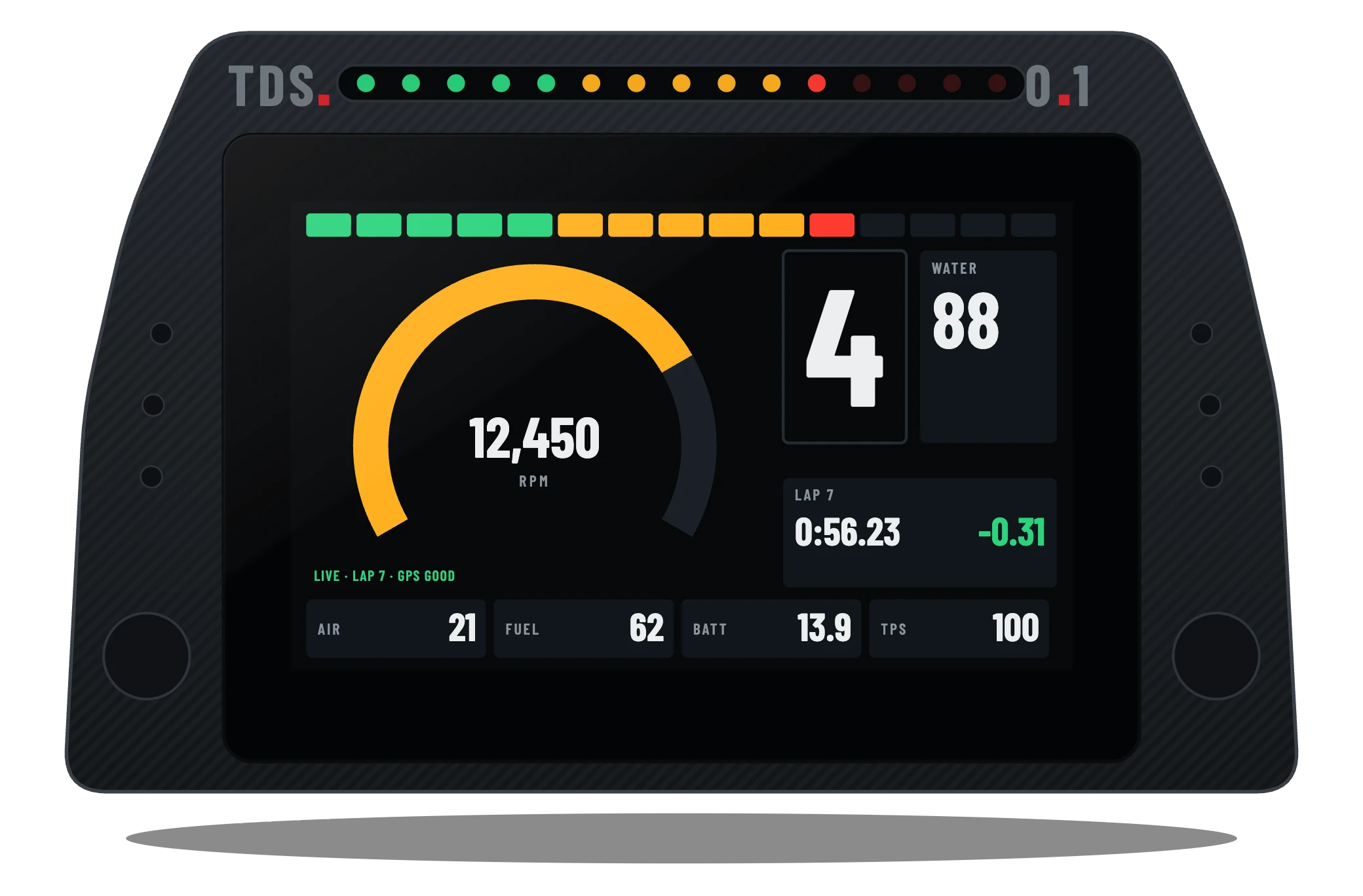 Front of the TDS 0.1: carbon case with TDS and 0.1 etched either side of the shift-light strip, a 5-inch screen showing revs, gear and lap delta